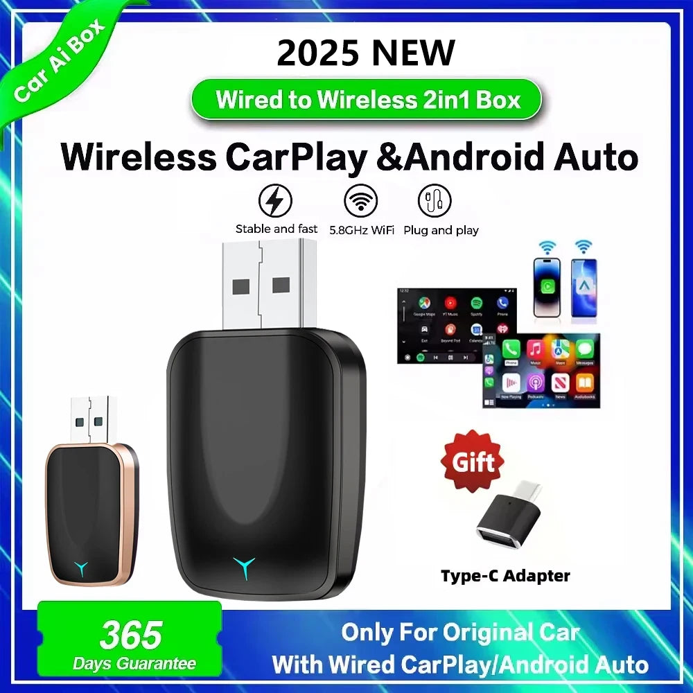 New Wired To Wireless Carplay Android 2 In 1 Automatic Adapter Car Gadget Smart Box Plug and Play 5Ghz Wifi Fast Connection