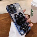 Glitter Gradient Plating Rabbit Mirror With Holder Case For iPhone 16 11 12 13 14 Plus 15 Pro Max Lens Protection Soft TPU Cover