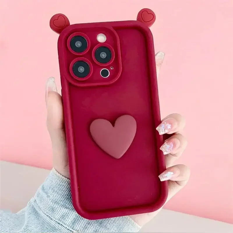 3D Love Heart Ear Case For Xiaomi 14T Pro 14 13T 12 13 11 Lite 5G NE 12T POCO X7 X6 Pro X5 M7 M6 F5 F7 Mi 15 Ultra Silicon Cover