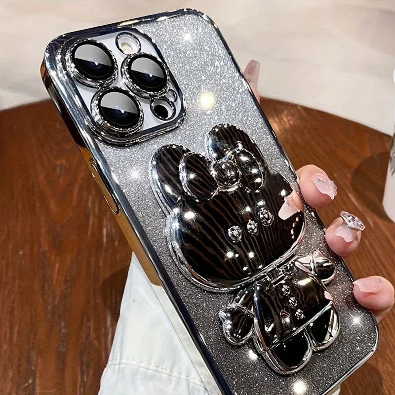 Glitter Gradient Plating Rabbit Mirror With Holder Case For iPhone 16 11 12 13 14 Plus 15 Pro Max Lens Protection Soft TPU Cover