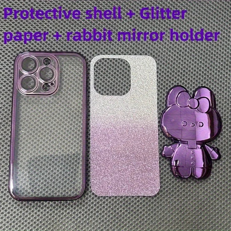 Glitter Gradient Plating Rabbit Mirror With Holder Case For iPhone 16 11 12 13 14 Plus 15 Pro Max Lens Protection Soft TPU Cover