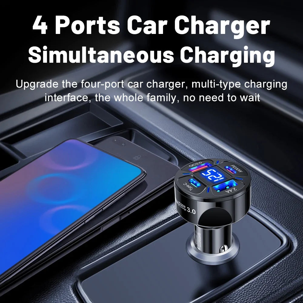 USB Car Charger 30W 4 Ports Type C PD Fast Charging Quick Charge Power Adapter Digital Display for Huawei IPhone Xiaomi in Car
