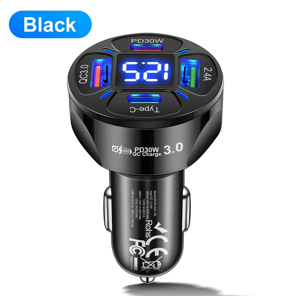 USB Car Charger 30W 4 Ports Type C PD Fast Charging Quick Charge Power Adapter Digital Display for Huawei IPhone Xiaomi in Car