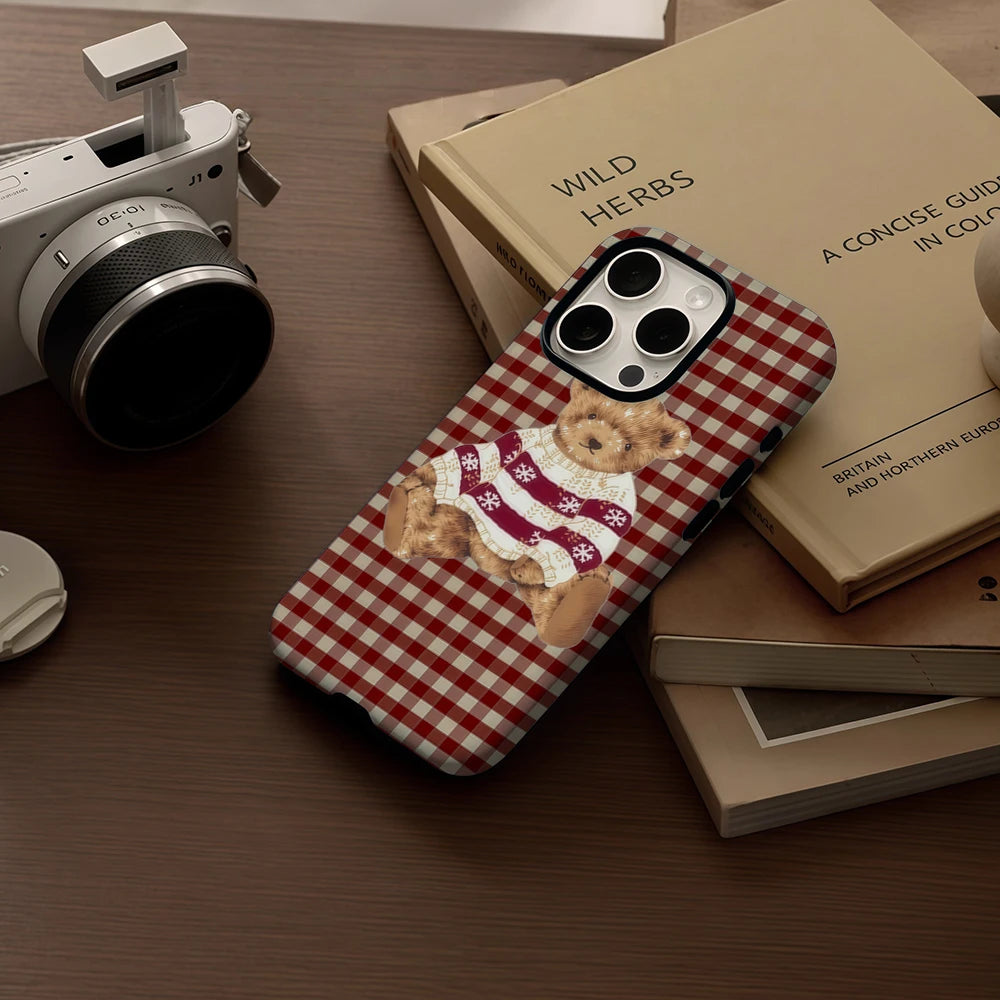 Plaid Teddy Bear Christmas Cheer IPhone 17 Phone Case for 16E 16 15 14 13 12 11 17 Pro Max Plus Double-layer Back Cover