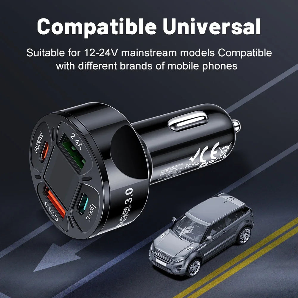 USB Car Charger 30W 4 Ports Type C PD Fast Charging Quick Charge Power Adapter Digital Display for Huawei IPhone Xiaomi in Car