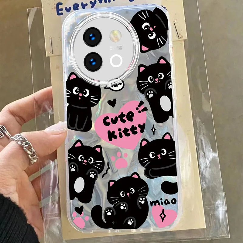 Cat Flower Case For Vivo V29 V40 Lite Y78 Y58 Y38 Y56 5G Fashion Black Colorful Lovely Cute Graphic Print PC Phone Cases Cover