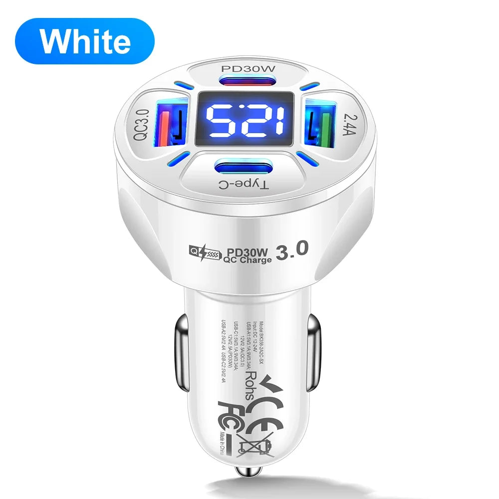 USB Car Charger 30W 4 Ports Type C PD Fast Charging Quick Charge Power Adapter Digital Display for Huawei IPhone Xiaomi in Car