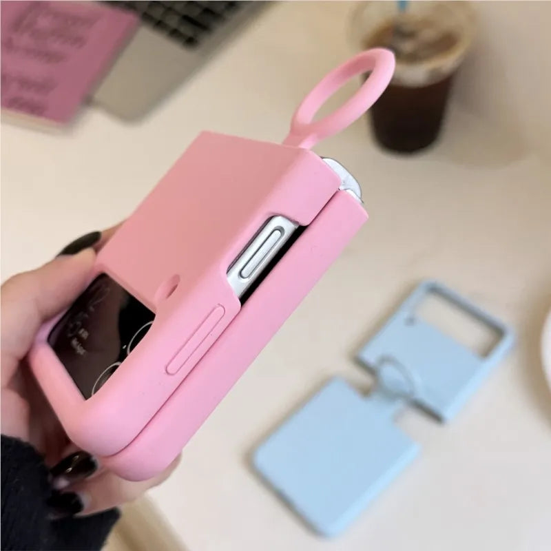 Colorful Liquid Silicone With Handheld Ring Case For Samsung Galaxy Z Flip 4 3 ZFlip4 ZFlip3 Matte Skin Feel Shockproof Cover
