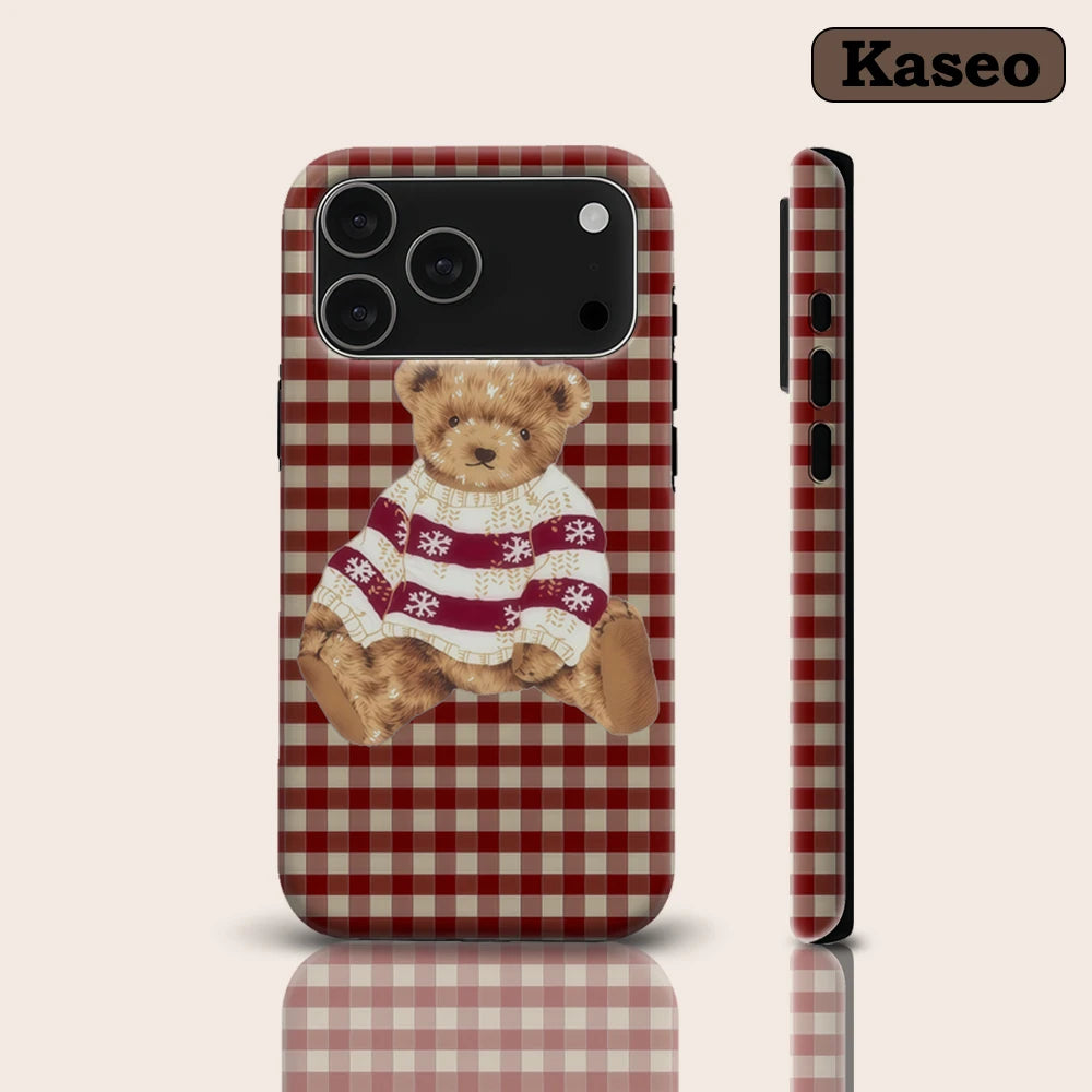 Plaid Teddy Bear Christmas Cheer IPhone 17 Phone Case for 16E 16 15 14 13 12 11 17 Pro Max Plus Double-layer Back Cover