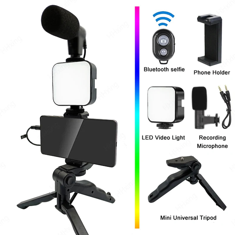 Smartphone Vlogging Kit: Grip Handle, LED Light & Microphone