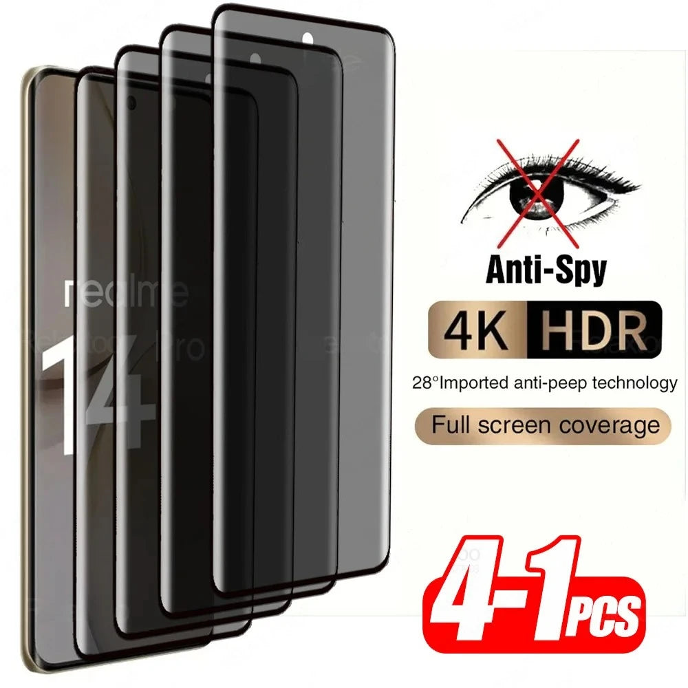 4-1Pcs Privacy Curved Tempered Glass Cover for Realme 14 Pro+ Anti-Spy/Peep Screen Protector on Realme14 Pro Plus Realme14Pro 5G