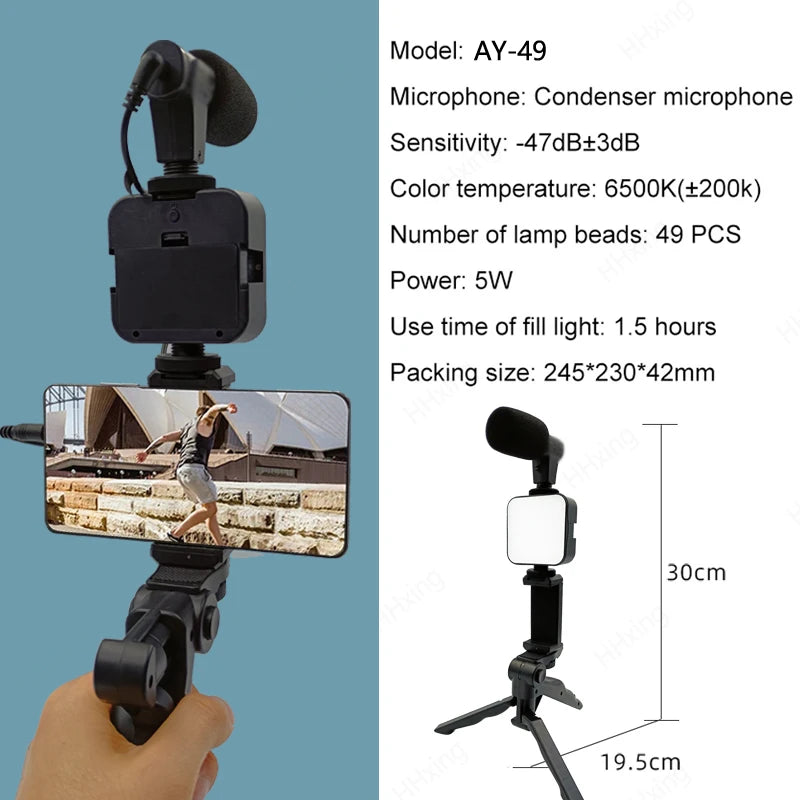 Smartphone Vlogging Kit: Grip Handle, LED Light & Microphone