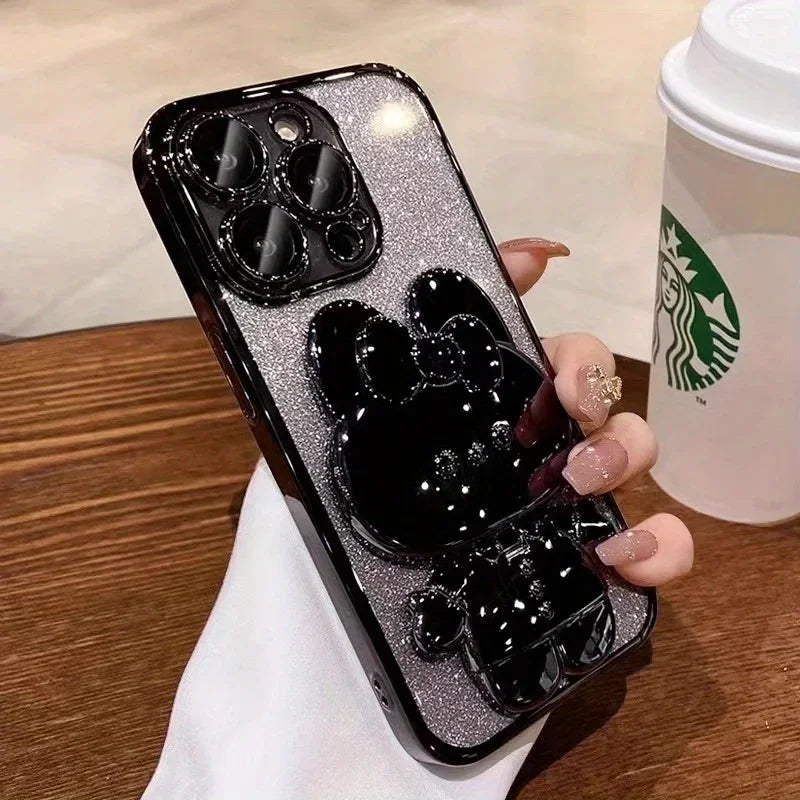 Glitter Gradient Plating Rabbit Mirror With Holder Case For iPhone 16 11 12 13 14 Plus 15 Pro Max Lens Protection Soft TPU Cover