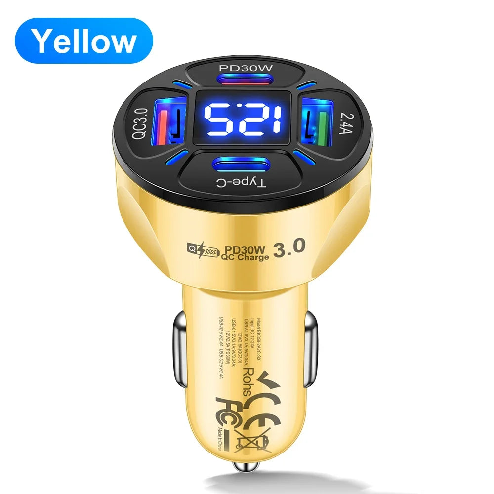 USB Car Charger 30W 4 Ports Type C PD Fast Charging Quick Charge Power Adapter Digital Display for Huawei IPhone Xiaomi in Car
