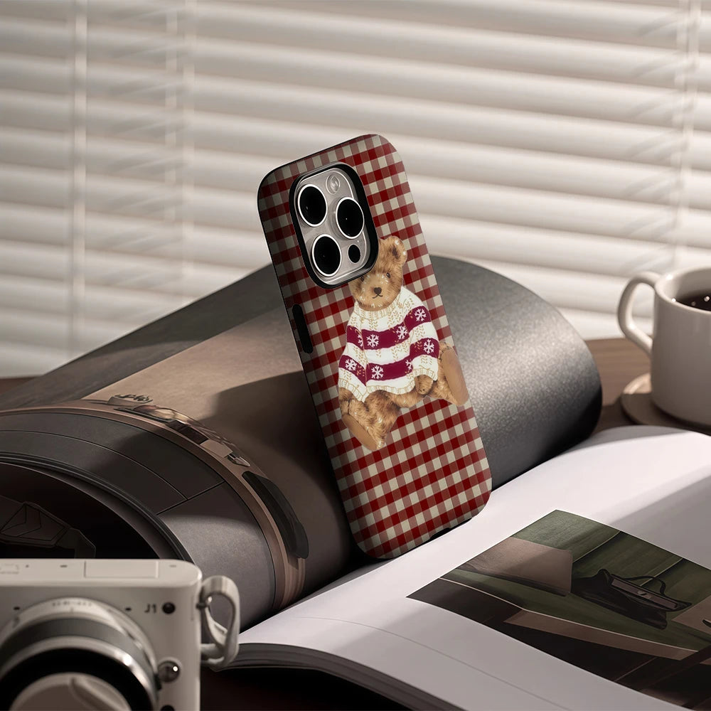 Plaid Teddy Bear Christmas Cheer IPhone 17 Phone Case for 16E 16 15 14 13 12 11 17 Pro Max Plus Double-layer Back Cover