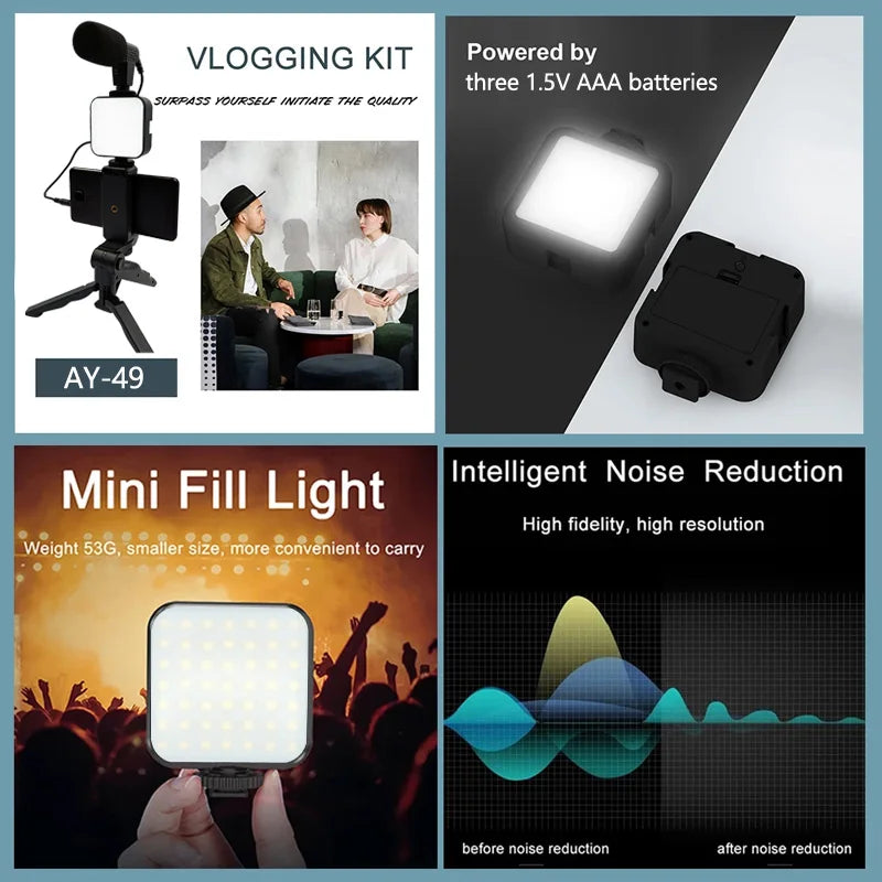 Smartphone Vlogging Kit: Grip Handle, LED Light & Microphone