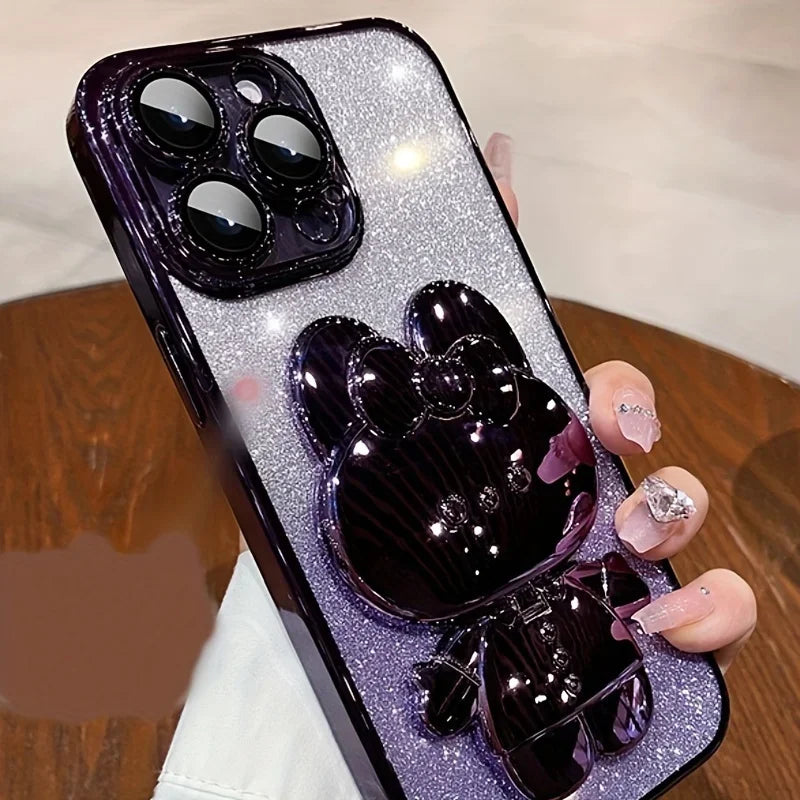 Glitter Gradient Plating Rabbit Mirror With Holder Case For iPhone 16 11 12 13 14 Plus 15 Pro Max Lens Protection Soft TPU Cover