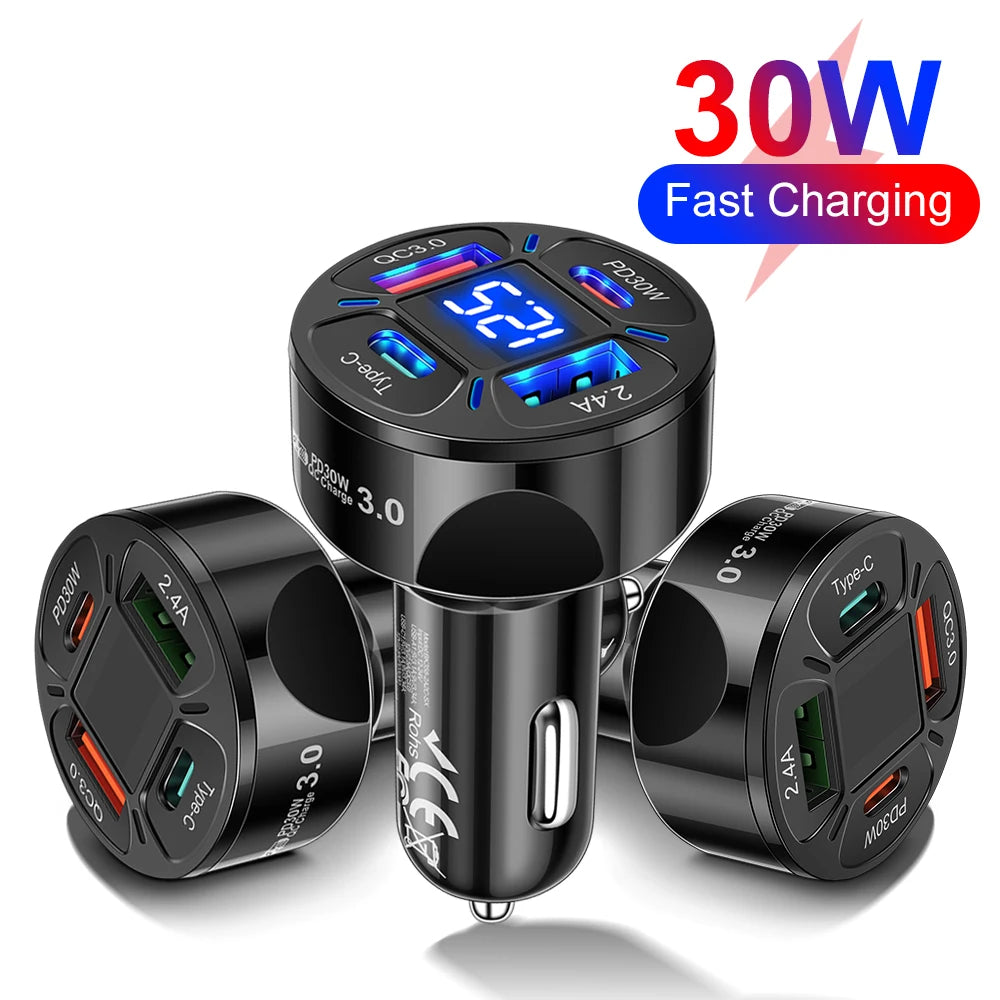 USB Car Charger 30W 4 Ports Type C PD Fast Charging Quick Charge Power Adapter Digital Display for Huawei IPhone Xiaomi in Car