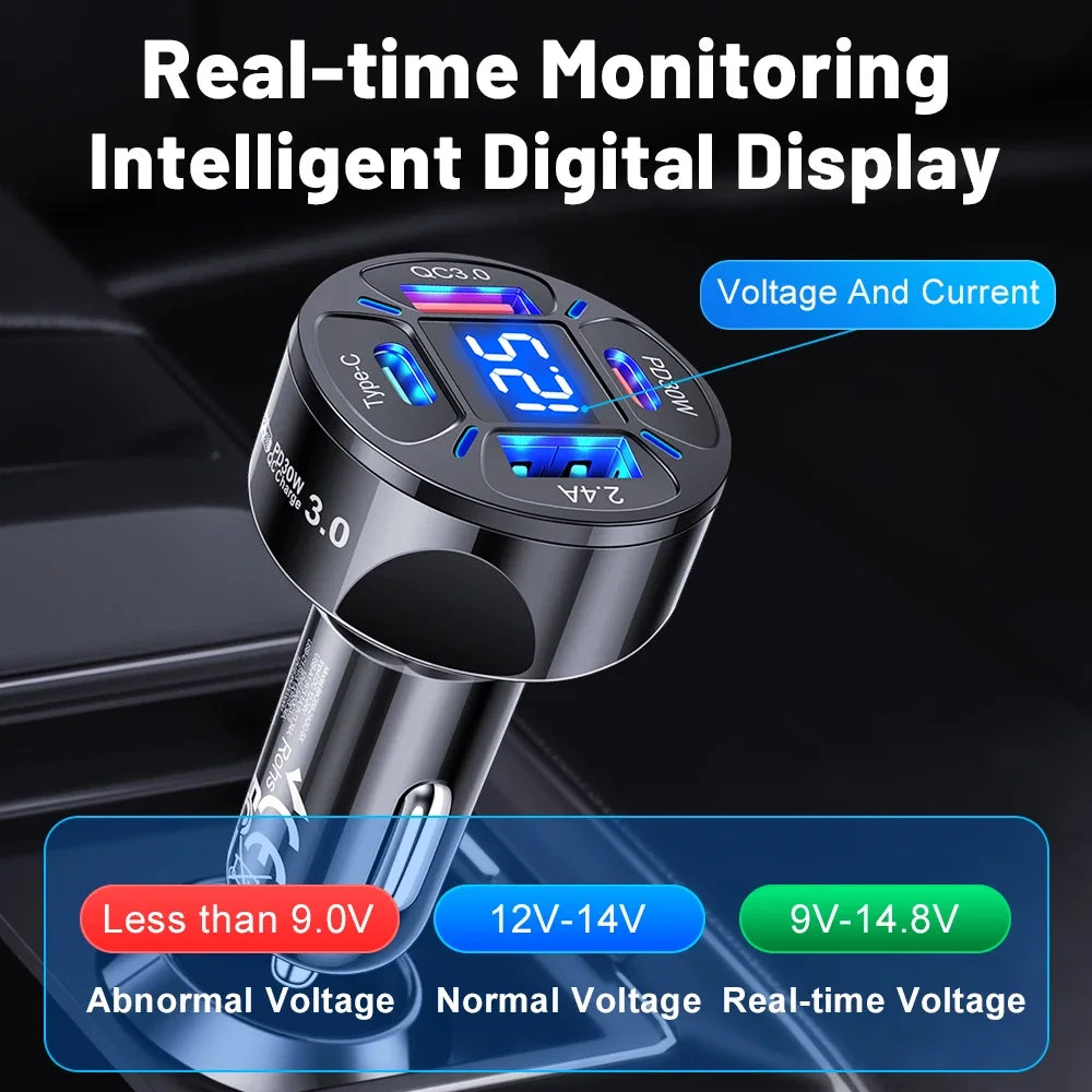 USB Car Charger 30W 4 Ports Type C PD Fast Charging Quick Charge Power Adapter Digital Display for Huawei IPhone Xiaomi in Car