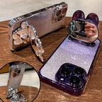 Glitter Gradient Plating Rabbit Mirror With Holder Case For iPhone 16 11 12 13 14 Plus 15 Pro Max Lens Protection Soft TPU Cover
