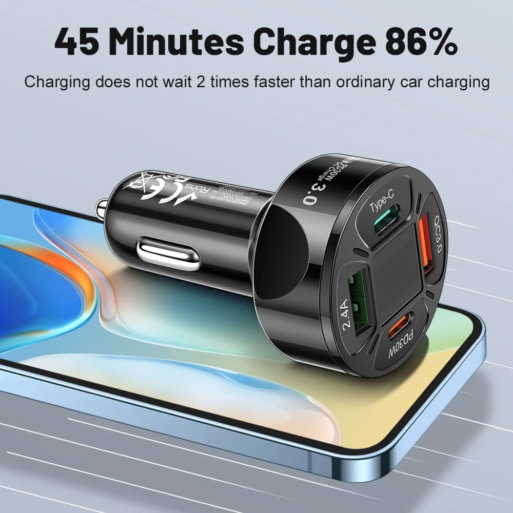 USB Car Charger 30W 4 Ports Type C PD Fast Charging Quick Charge Power Adapter Digital Display for Huawei IPhone Xiaomi in Car