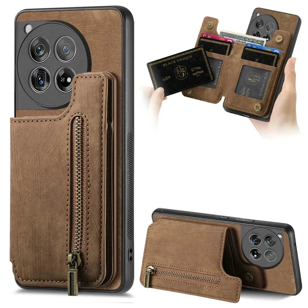 For Oneplus13 One Plus 15 12 13R Zipper Leather Case Magnet Wallet Card Back Etui Oneplus 15 Case Phone 1+ 13 One Plus 15R Funda