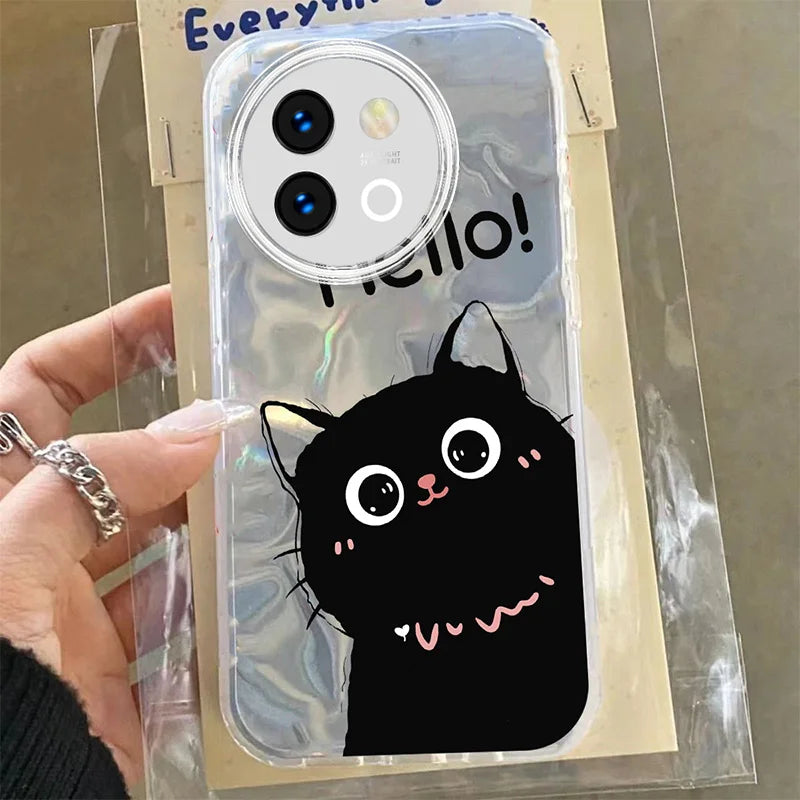 Cat Flower Case For Vivo V29 V40 Lite Y78 Y58 Y38 Y56 5G Fashion Black Colorful Lovely Cute Graphic Print PC Phone Cases Cover