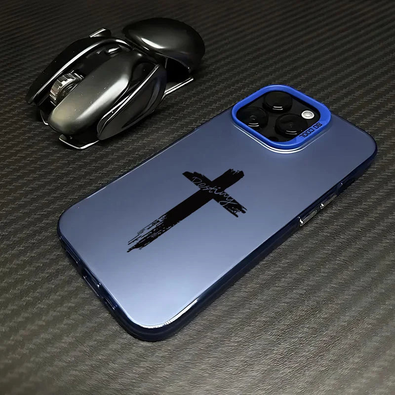 Fashion Black Cross Phone Case for IPhone 16e 16 15 14 13 12 11 Mini Pro Max X XR XSMAX 8 7 Plus Anti Fall Matte Back Cover