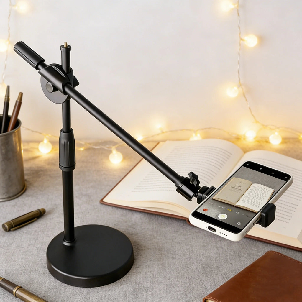 Overhead Tabletop Phone Stand with Boom Arm