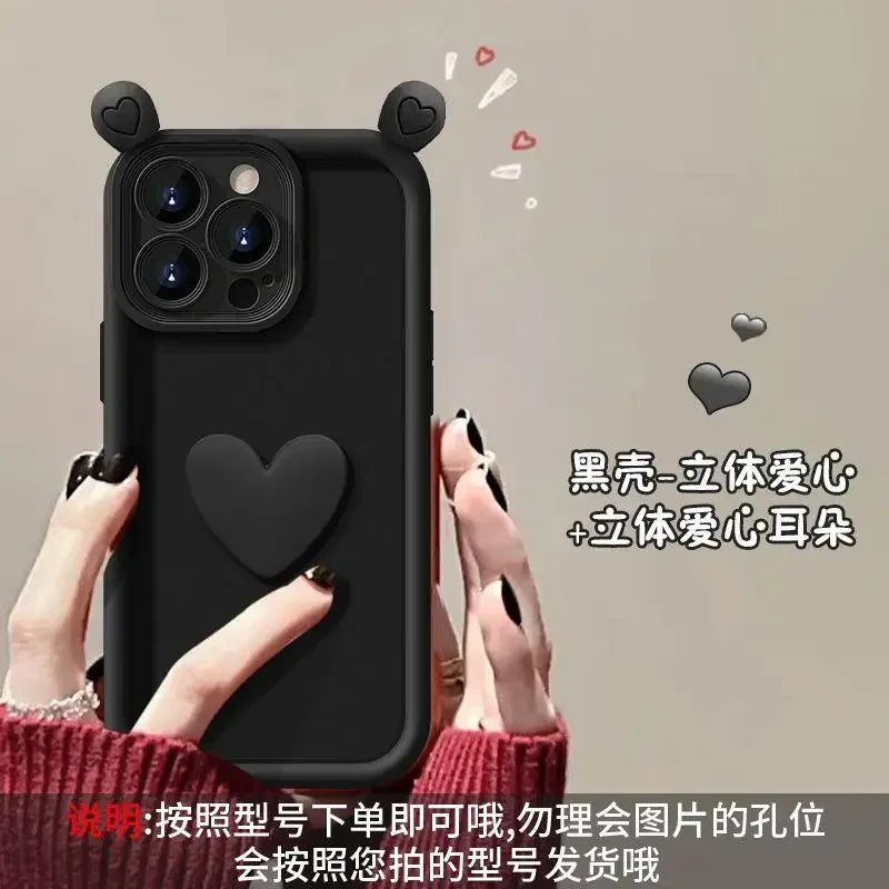 3D Love Heart Ear Case For Xiaomi 14T Pro 14 13T 12 13 11 Lite 5G NE 12T POCO X7 X6 Pro X5 M7 M6 F5 F7 Mi 15 Ultra Silicon Cover