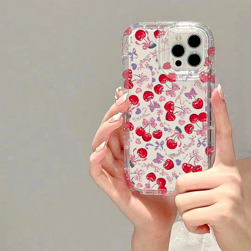 Full Screen Cherry Strawberry Case For iPhone 16 15 14 13 12 11 Pro Max XS X XR 8 7 Plus SE 2020 Shockproof Clear Protector Etui