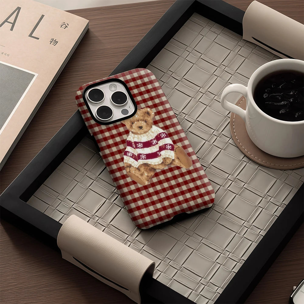 Plaid Teddy Bear Christmas Cheer IPhone 17 Phone Case for 16E 16 15 14 13 12 11 17 Pro Max Plus Double-layer Back Cover