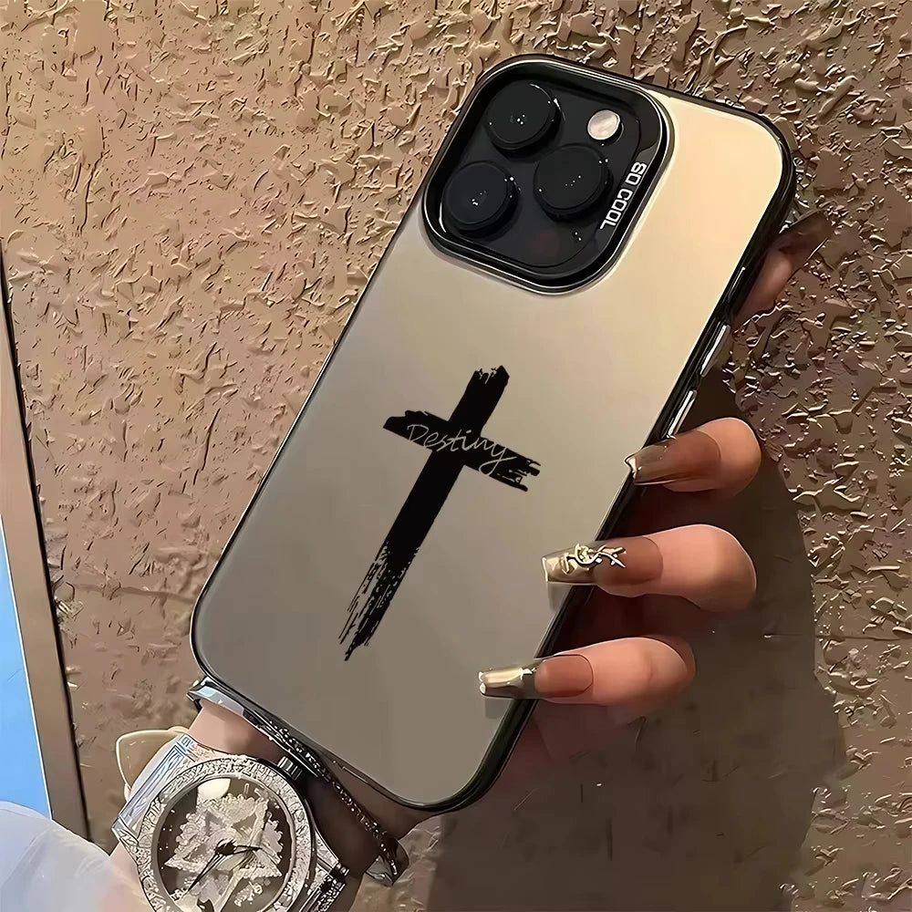 Fashion Black Cross Phone Case for IPhone 16e 16 15 14 13 12 11 Mini Pro Max X XR XSMAX 8 7 Plus Anti Fall Matte Back Cover