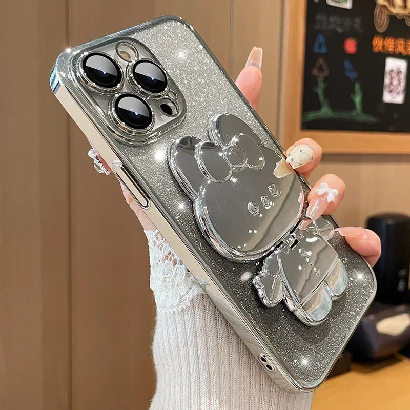 Glitter Gradient Plating Rabbit Mirror With Holder Case For iPhone 16 11 12 13 14 Plus 15 Pro Max Lens Protection Soft TPU Cover