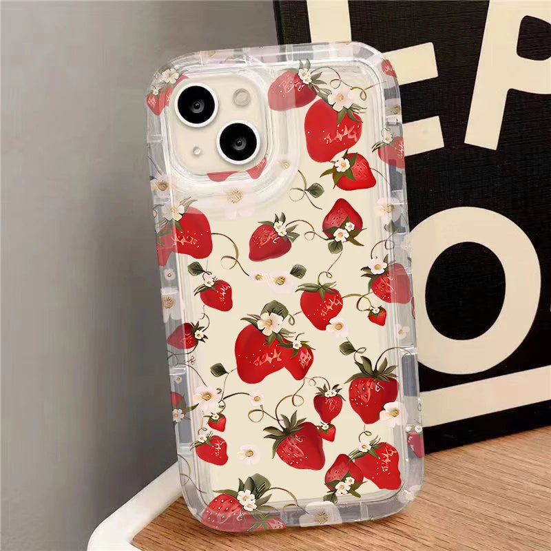 Full Screen Cherry Strawberry Case For iPhone 16 15 14 13 12 11 Pro Max XS X XR 8 7 Plus SE 2020 Shockproof Clear Protector Etui