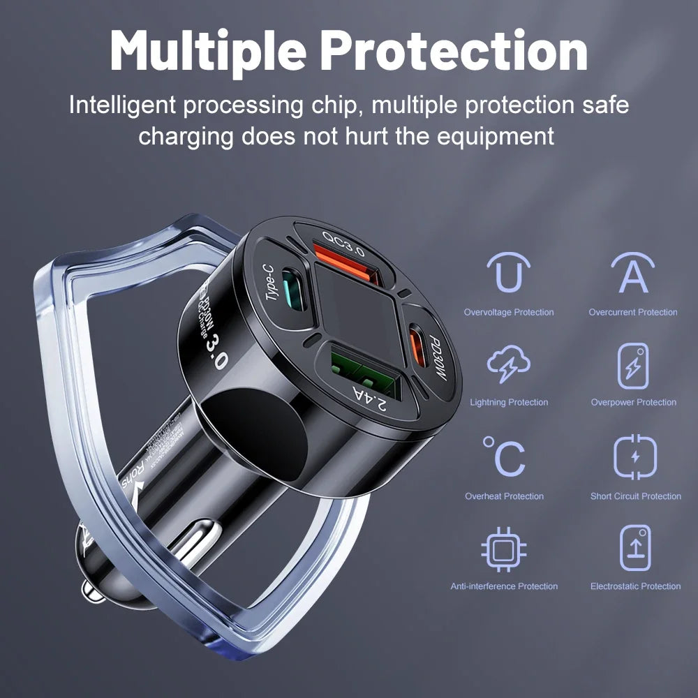 USB Car Charger 30W 4 Ports Type C PD Fast Charging Quick Charge Power Adapter Digital Display for Huawei IPhone Xiaomi in Car