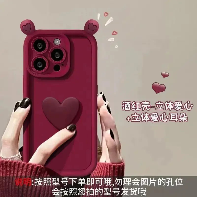 3D Love Heart Ear Case For Xiaomi 14T Pro 14 13T 12 13 11 Lite 5G NE 12T POCO X7 X6 Pro X5 M7 M6 F5 F7 Mi 15 Ultra Silicon Cover
