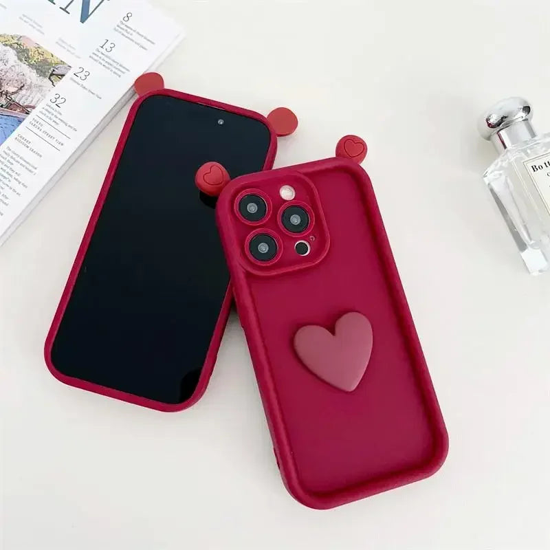 3D Love Heart Ear Case For Xiaomi 14T Pro 14 13T 12 13 11 Lite 5G NE 12T POCO X7 X6 Pro X5 M7 M6 F5 F7 Mi 15 Ultra Silicon Cover